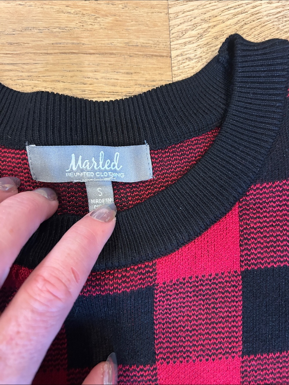 Plaid Crewneck Sweater in Red and Black - Casual Knit Top - Picture 2 of 7